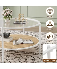 homfan Round 2-Tier Coffee Table with Tempered Glass Top and Rattan Shelf, Metal Frame Center Table for Living Room, Apartment, Small Space