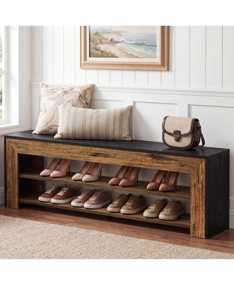 Tribesigns 63" Entryway Shoe Bench, 2-Tier Farmhouse Shoe Storage Bench for Hallway, Mudroom, Bedroom, Living Room