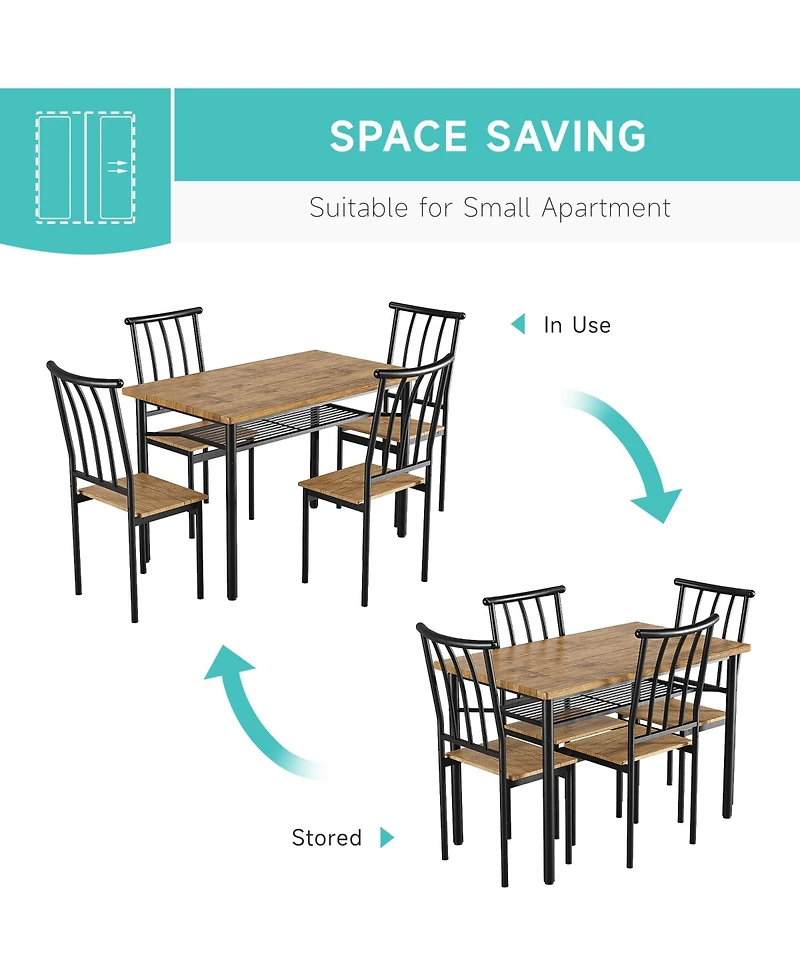 homfan Farmhouse Kitchen Table Set for 4 with Storage Rack and 4 Chairs, 5-Piece Modern Square Kitchen Table Set, Dining Room Table Set