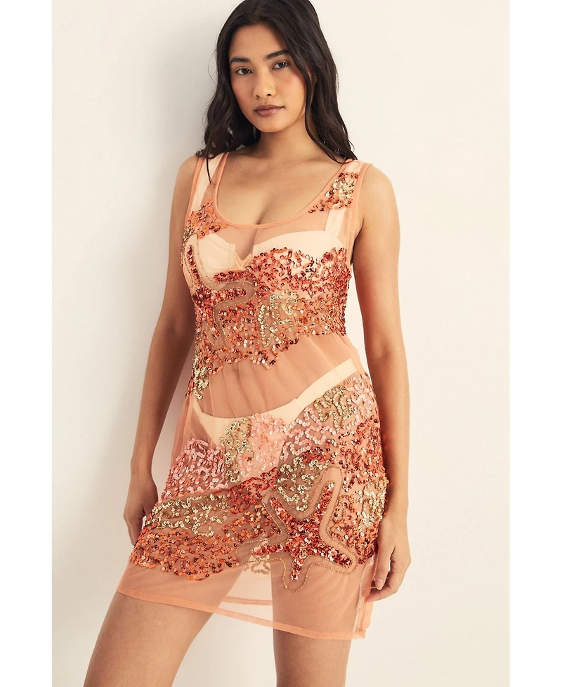 Nasty Gal Women's Beaded Sheer Mini Beach Dress