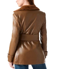 Guess Women's Faux-Fur-Collared Belted Faux-Leather Trench Coat