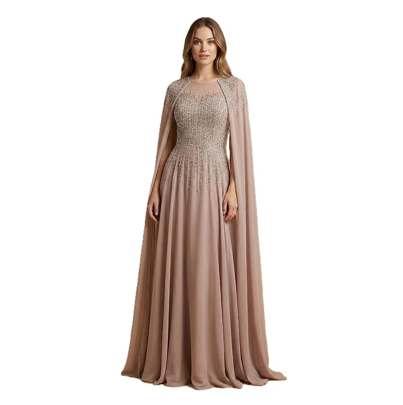 Lara Women's Chiffon A-line Long Gown with Cape Sleeves