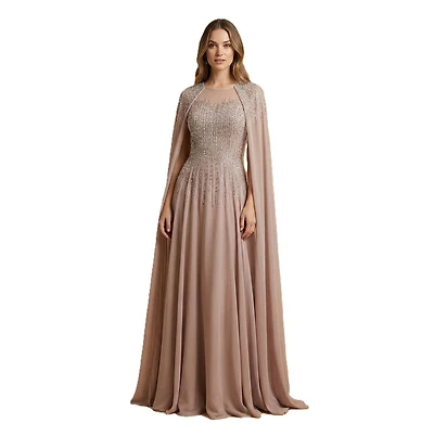 Lara Women's Chiffon A-line Long Gown with Cape Sleeves