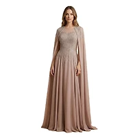 Lara Women's Chiffon A-line Long Gown with Cape Sleeves