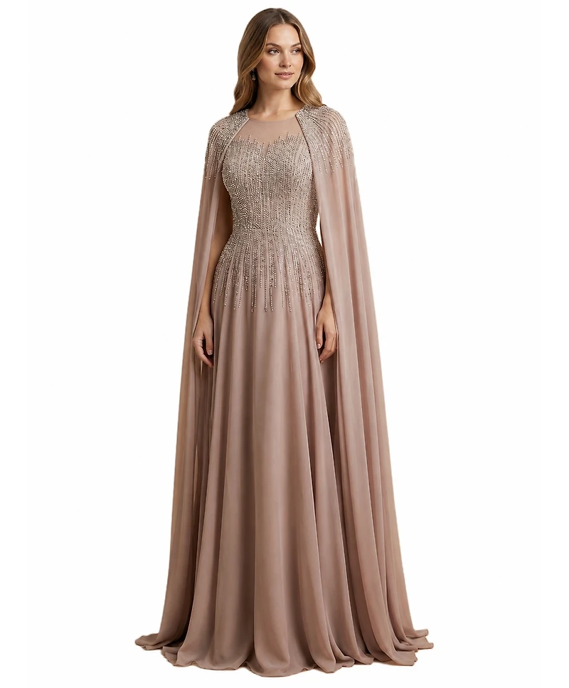 Lara Women's Chiffon A-line Long Gown with Cape Sleeves