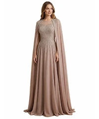 Lara Women's Chiffon A-line Long Gown with Cape Sleeves