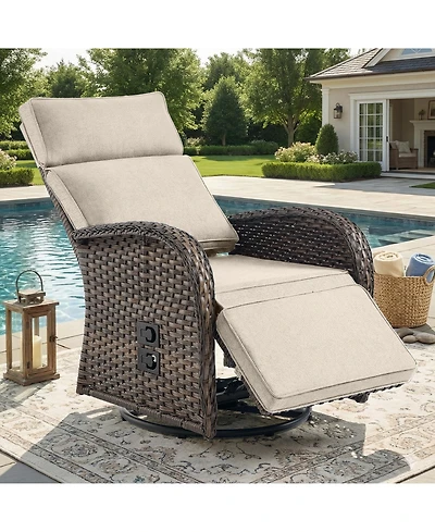 Pocassy Patio Rattan Swivel Recliner Lounge Chair with Adjustable Backrest and Footrest Cushioned Push Back Reclining Seat