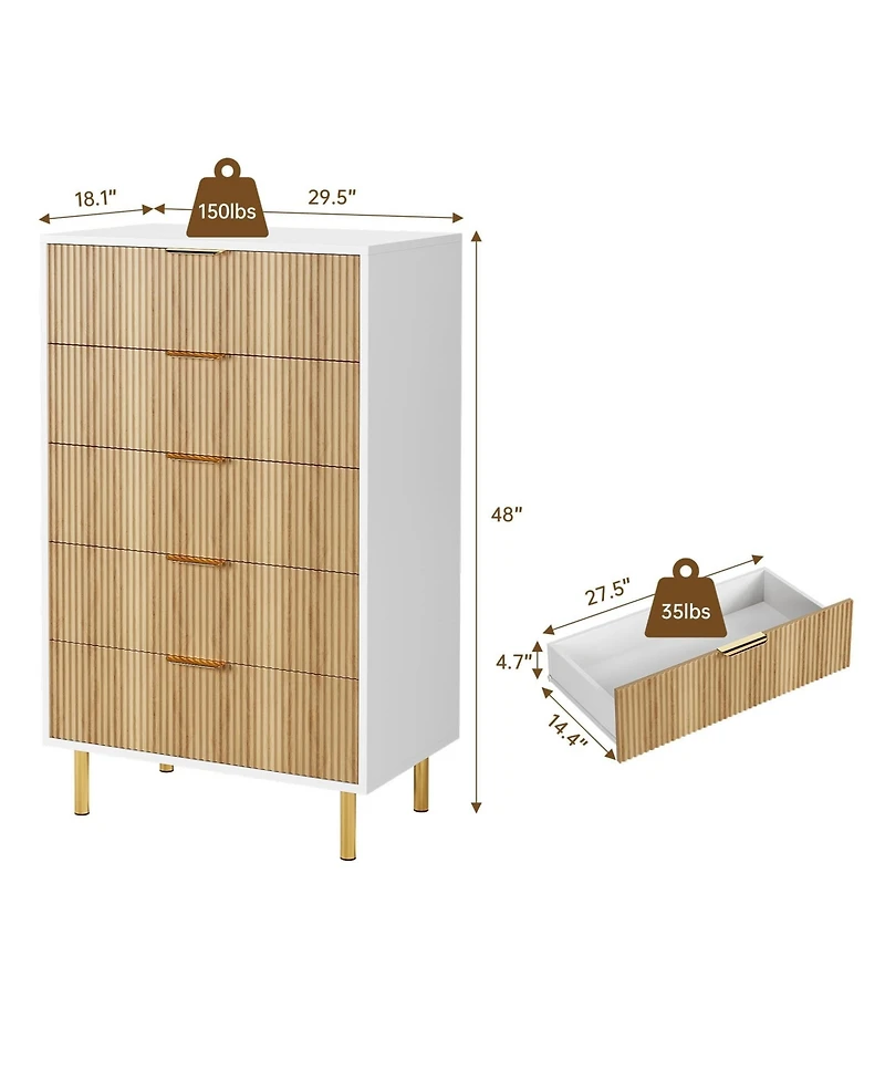 homfan 5-Drawer Dresser with Gold Handles and Fluted Panel, Storage Chest for Bedroom, Living Room, and Hallway