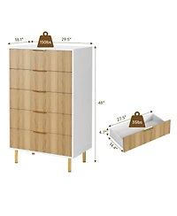 homfan 5-Drawer Dresser with Gold Handles and Fluted Panel, Storage Chest for Bedroom, Living Room, and Hallway