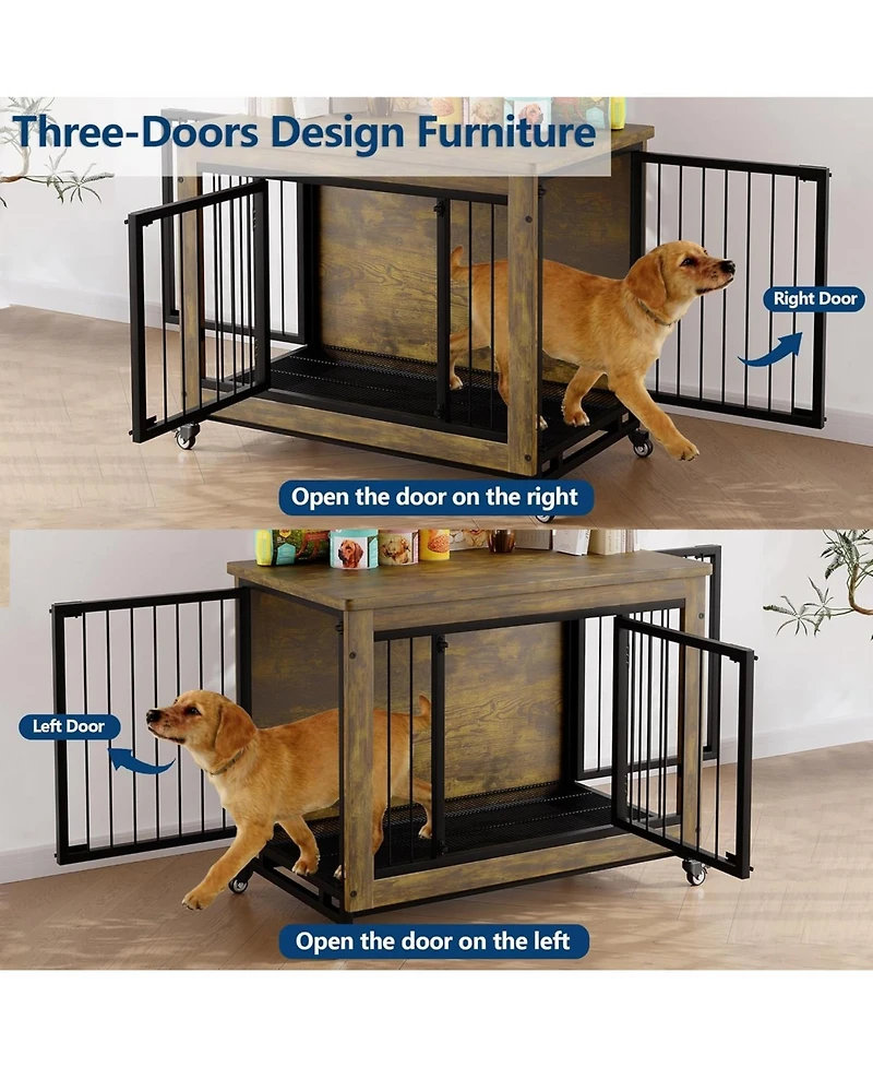 homfan Heavy Duty 38.6" Dog Crate with Wheels, Indoor Pet Kennel, Removable Tray, Easy to Assemble and Clean, Decorative Cage