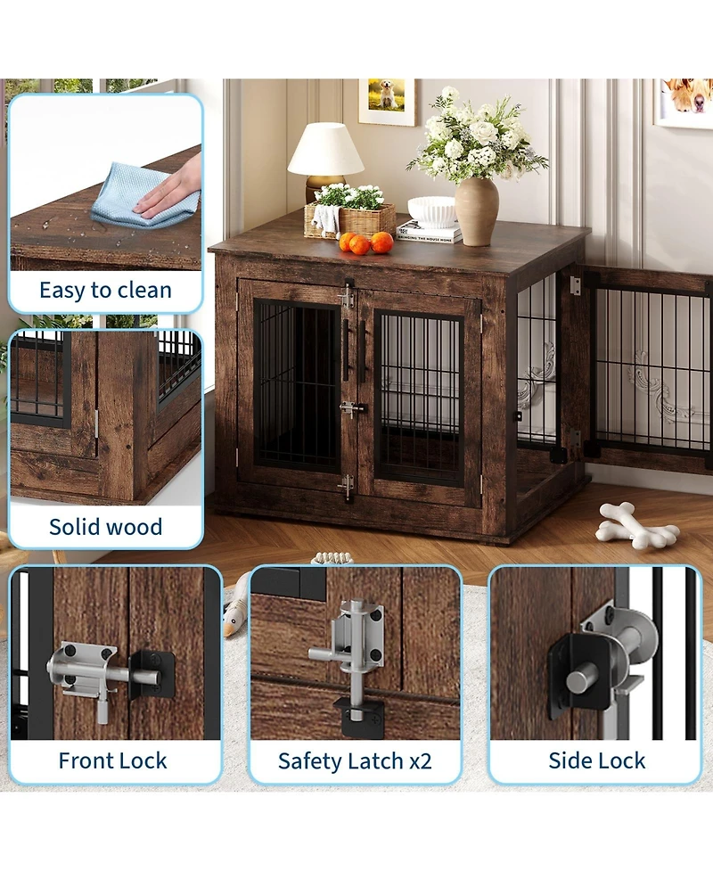homfan Chew-Resistant Wooden Dog House Furniture for Small/Medium Dogs, Indoor Kennel End Table with Double Doors and Secure Metal Frame