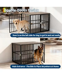 homfan Heavy Duty Wooden Dog Crate, 43'' Double Doors, Adjustable Bowls and Storage Drawers, Kennel for Medium and Large Dogs, Chew-Resistant Design