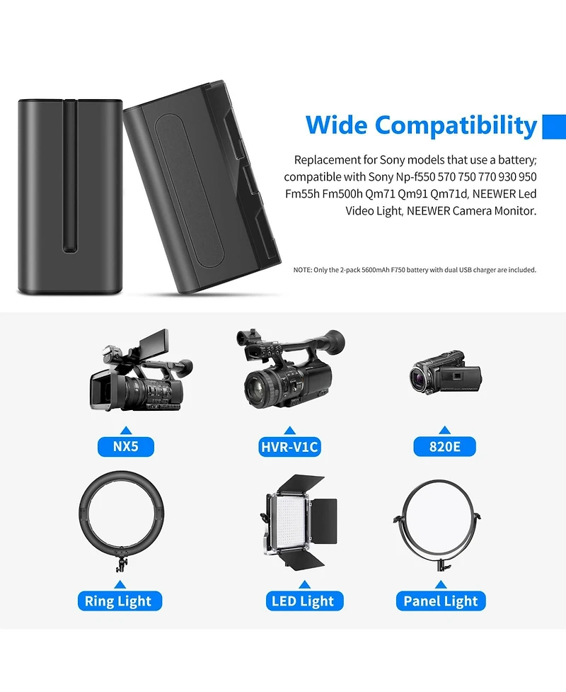 Neewer Np-F750 Camera Battery and Charging Accessory with 5600mAh for select Sony Np-f-series devices