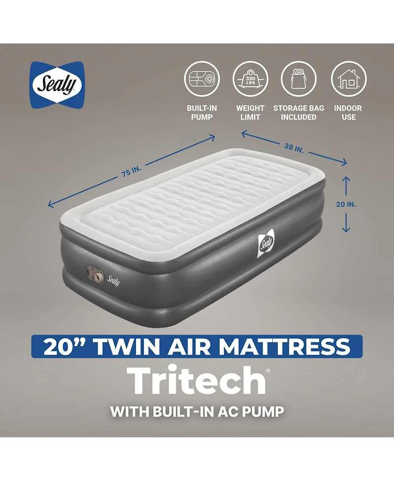 Sealy Tritech Twin Sized 20 Air Mattress Bed 2 Person Built-In Ac Pump and Bag