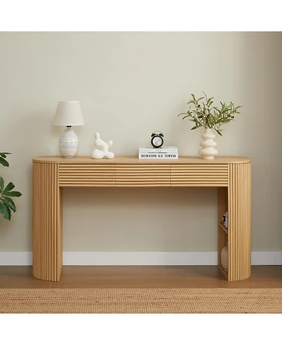 Rainsken Retro Console Table, with Storage, 3 Drawers, 1 Table-Leg Niche, Round Slat Aesthetic, for Entrance, Dinning Room, Living Room