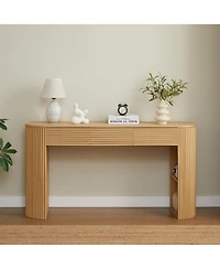 Rainsken Retro Console Table, with Storage, 3 Drawers, 1 Table-Leg Niche, Round Slat Aesthetic, for Entrance, Dinning Room, Living Room