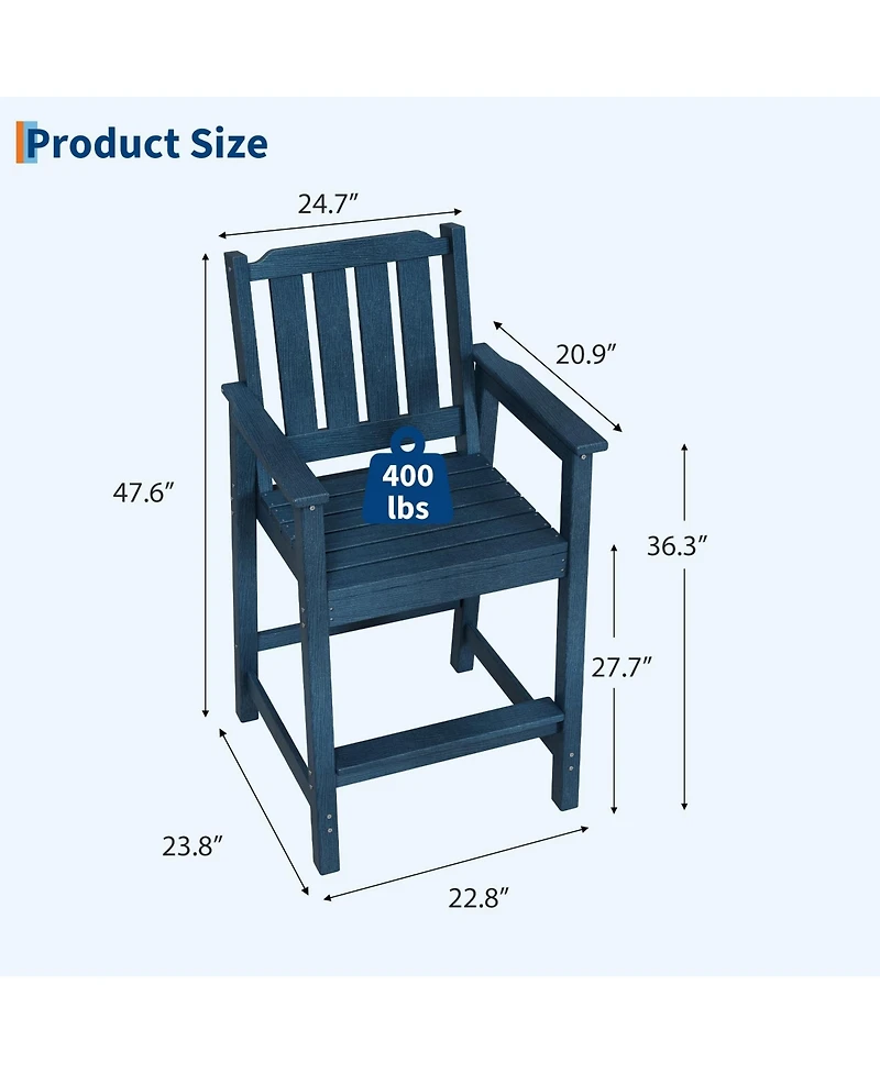 homfan All-Weather Hdpe Patio Bar Stools Set of 2, Tall Adirondack Chairs with Armrests, Wide Seat and Back, Waterproof for Balcony, Garden, Poolside