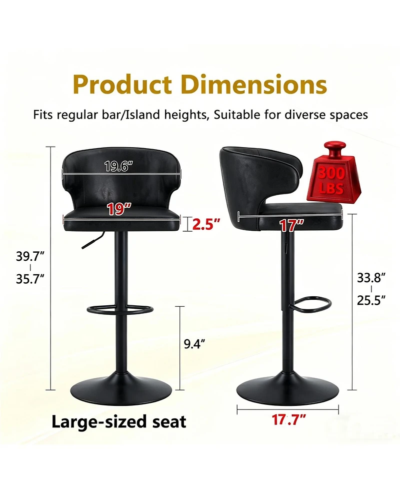 Rainsken Modern Bar Stools Set of 2, with Back and Footrest, Adjustable Pu Leather Swivel Stools, 360degree(s)Swivel Barstools, for Kitchen Island