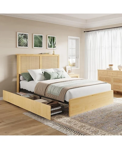 gaomon square rattan bed frame, 4 storage drawers, bohemian style Led bed, natural headboard, slatted support, no spring mattress required