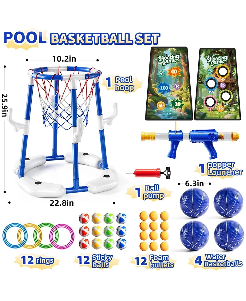Gnuadz 4-in-1 Pool Basketball Hoop Floating Ring Game With Balls Air Pump Launcher For Kids