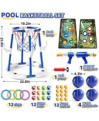 Gnuadz 4-in-1 Pool Basketball Hoop Floating Ring Game With Balls Air Pump Launcher For Kids