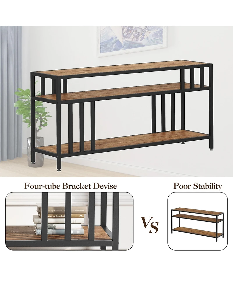 Homfan Spacious Rustic Tv Stand Media Console with Three Open Shelves, Sturdy Mdf and Iron Frame, Fits Larger Screens, Easy Assembly