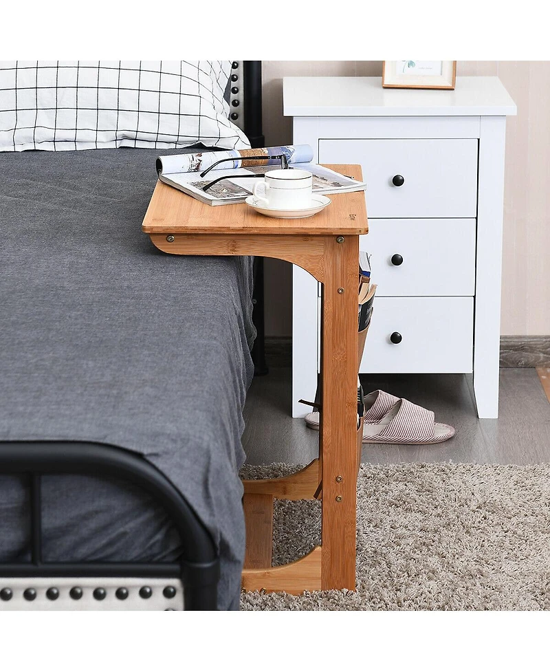 Gymax Bamboo Sofa Table Laptop Desk Coffee Snack End Table Bedside Table with Storage Bag
