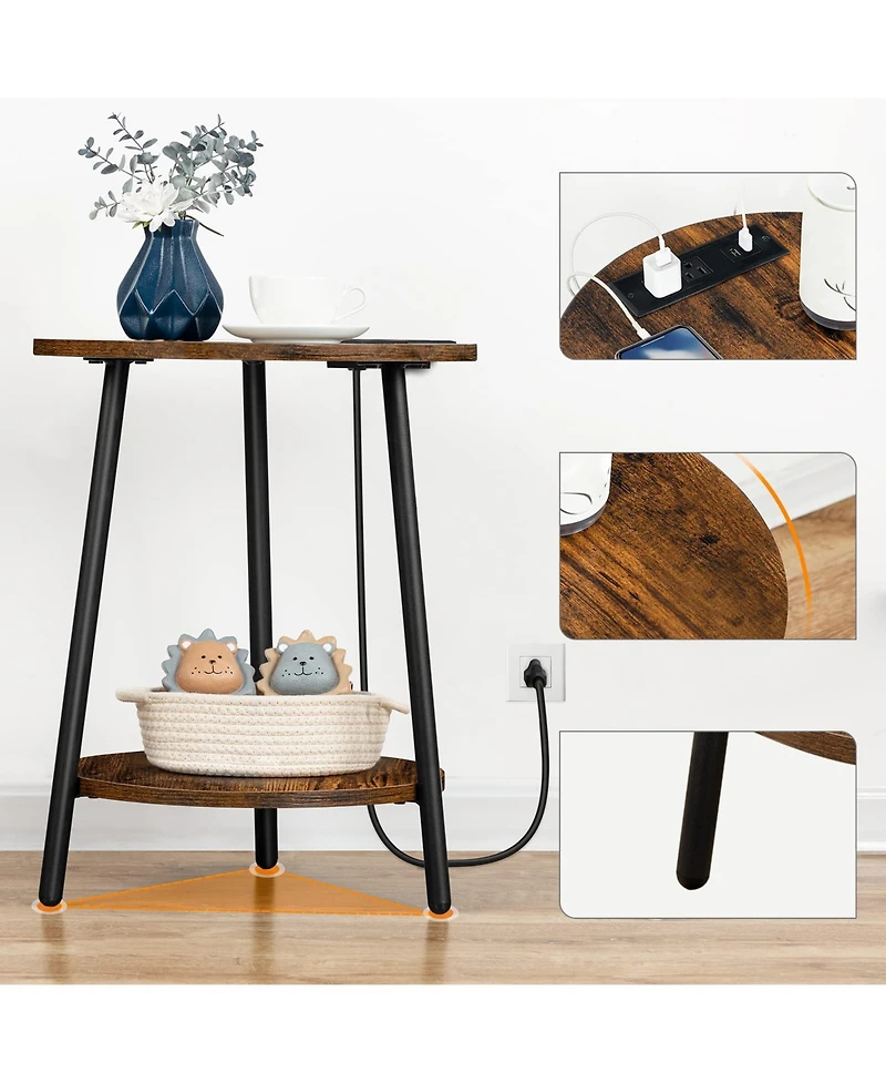 Slickblue Modern Round Side Table with Charging Station and 2-Tier Storage Shelf