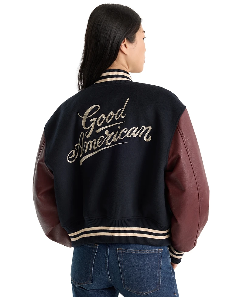 Good American Women's Team Varsity Ribbed Baseball Collar Jacket