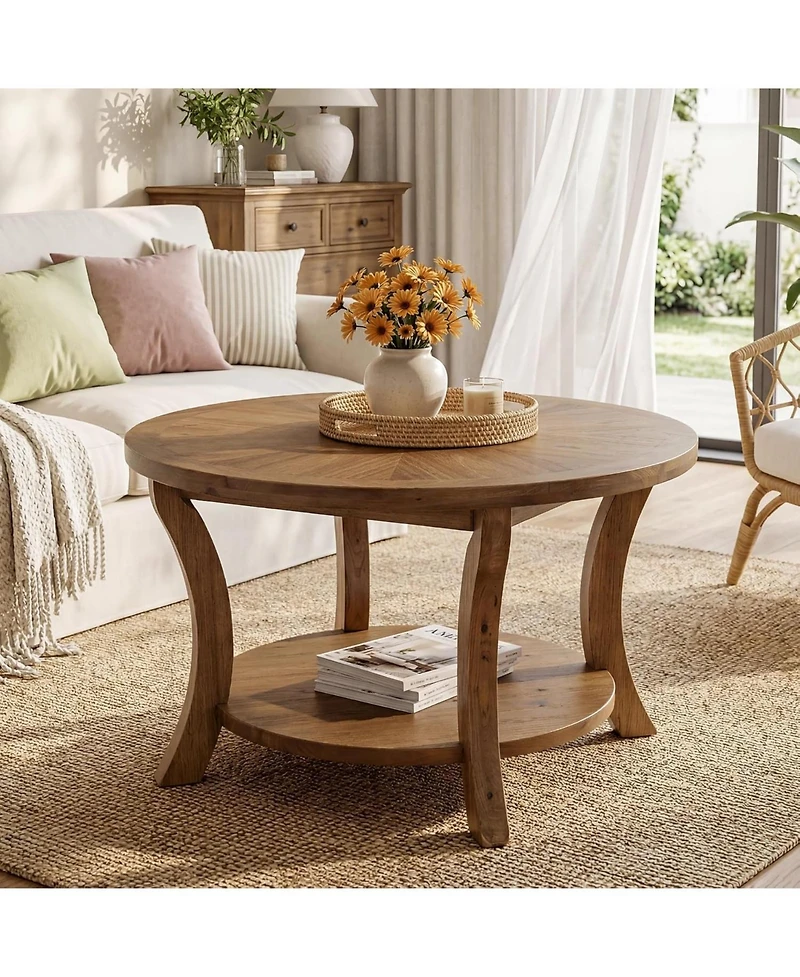 Tribesigns 31.5" Round Solid Wood Coffee Table with Storage Shelf, Farmhouse Circle Center Table for Living Room