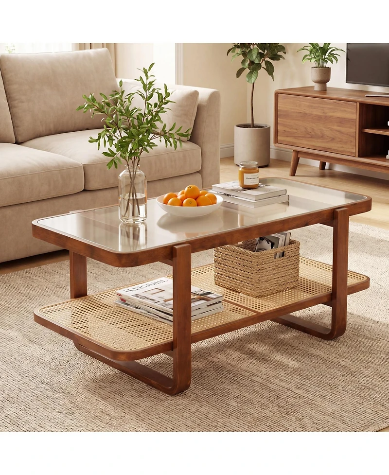 Slickblue Living Room Rattan Coffee Table with Glass Top and Lower Storage Shelf
