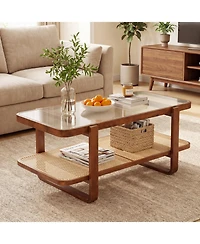 Slickblue Living Room Rattan Coffee Table with Glass Top and Lower Storage Shelf