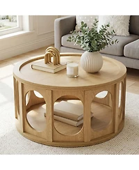 Tribesigns 31.5" Modern Round Coffee Table with Open Storage Shelf, Wood Grain Center Table