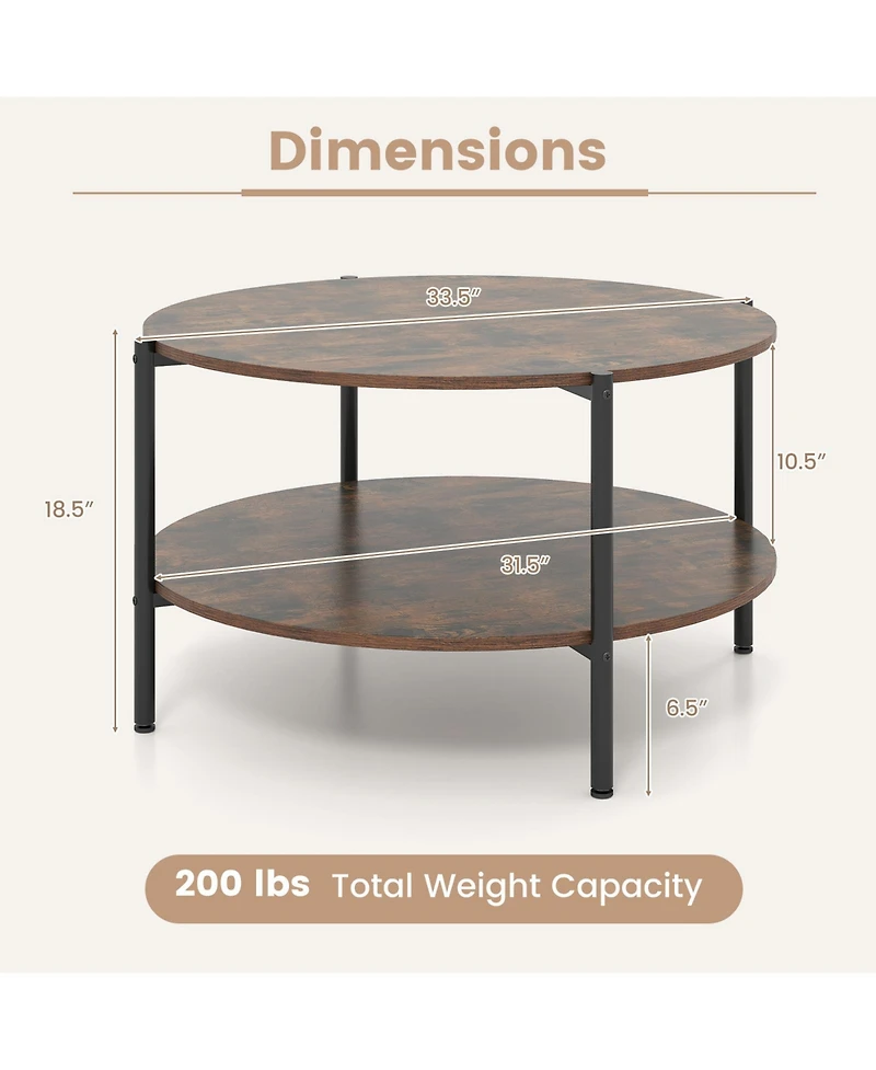 Gymax Round Coffee Table with Open Storage Shelf Circle Cocktail Table for Living Rooms