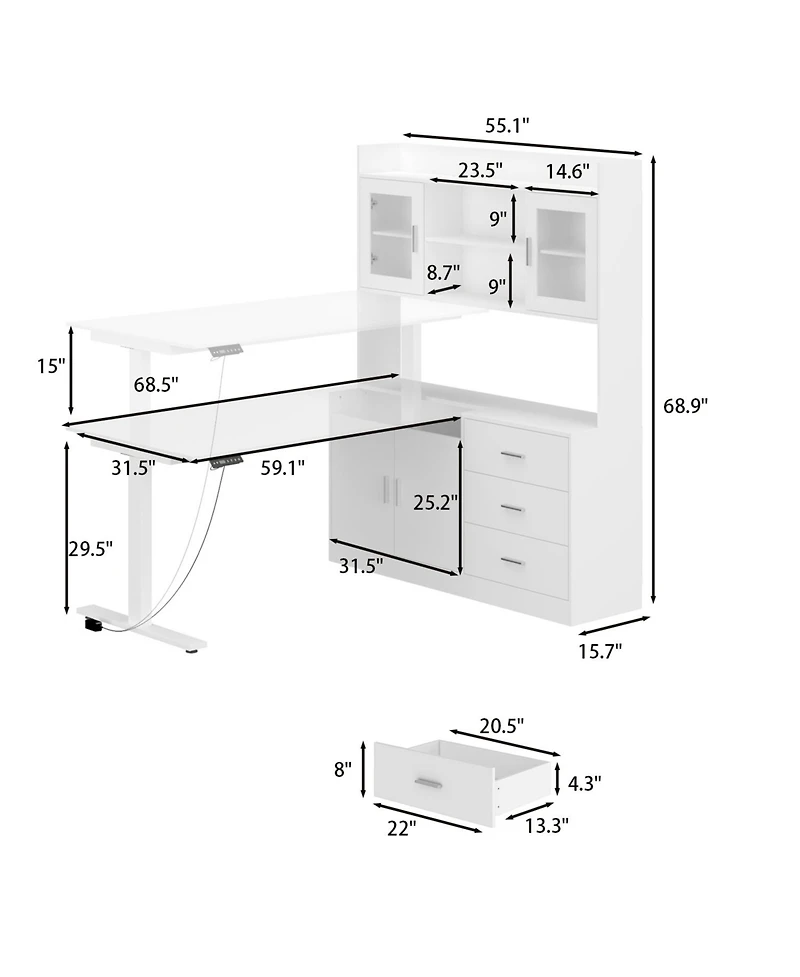 Homsee 60-Inch L-Shaped Electric Height Adjustable Corner Desk with Storage - Standing Desk with Silver Pulls | Includes 69-Inch Tall Bookcase Hutch