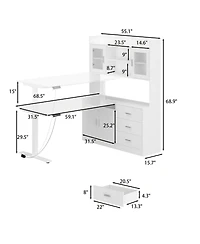 Homsee 60-Inch L-Shaped Electric Height Adjustable Corner Desk with Storage - Standing Desk with Silver Pulls | Includes 69-Inch Tall Bookcase Hutch