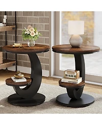 Tribesigns 2 Tiers Side Table, Round End Table with Storage Shelf, C-Shaped Frame for Small Spaces, Living Room pieces