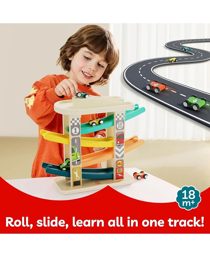Top Bright Toddler Toys Wooden Car Ramp Race Track Set Zig Zag track Car Toys For Toddlers With 4 Different Colors Cars