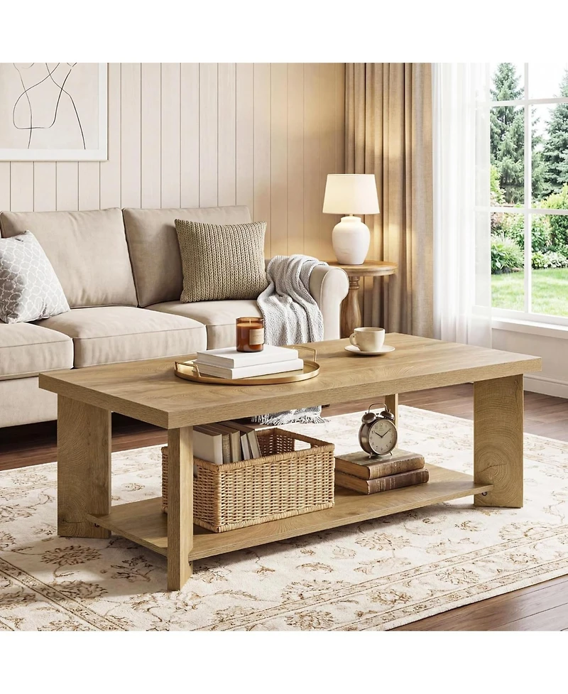 Tribesigns 47-Inch Coffee Table for Living Room, Farmhouse Rectangle Center Cocktail Table with Storage Shelves, Rustic Wooden Accent Tea Furniture