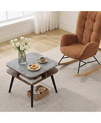 Slickblue Modern Side Table with Faux Marble Top, Storage Shelves and Wood Legs