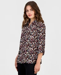 Anne Klein Essentials Petite V-Neck Collar 3/4-Length Roll-Tab Sleeves Blouse