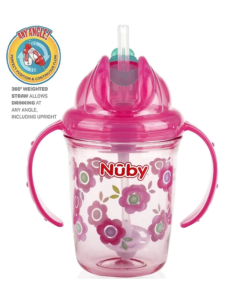 Nuby Tritan No Spill Flip N' Sip Twin Handle 360 Weighted Straw Cup, Pink