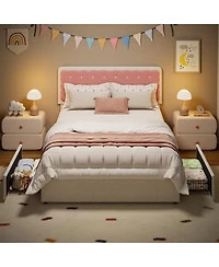 Velvet Upholstered Platform Bed with Biscuit Tufted Storage Headboard, Drawer, Sturdy Wood Slats, No Box Spring Needed
