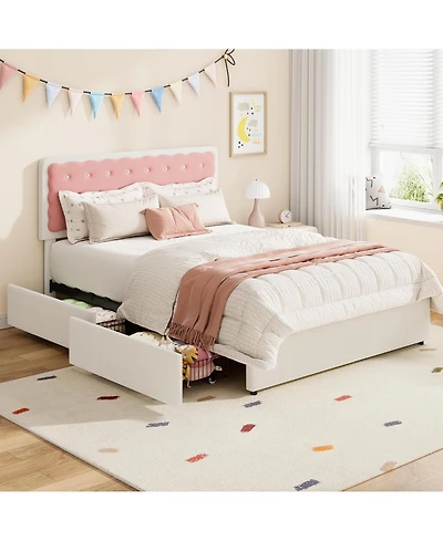 Velvet Upholstered Platform Bed with Biscuit Tufted Storage Headboard, Drawer, Sturdy Wood Slats, No Box Spring Needed