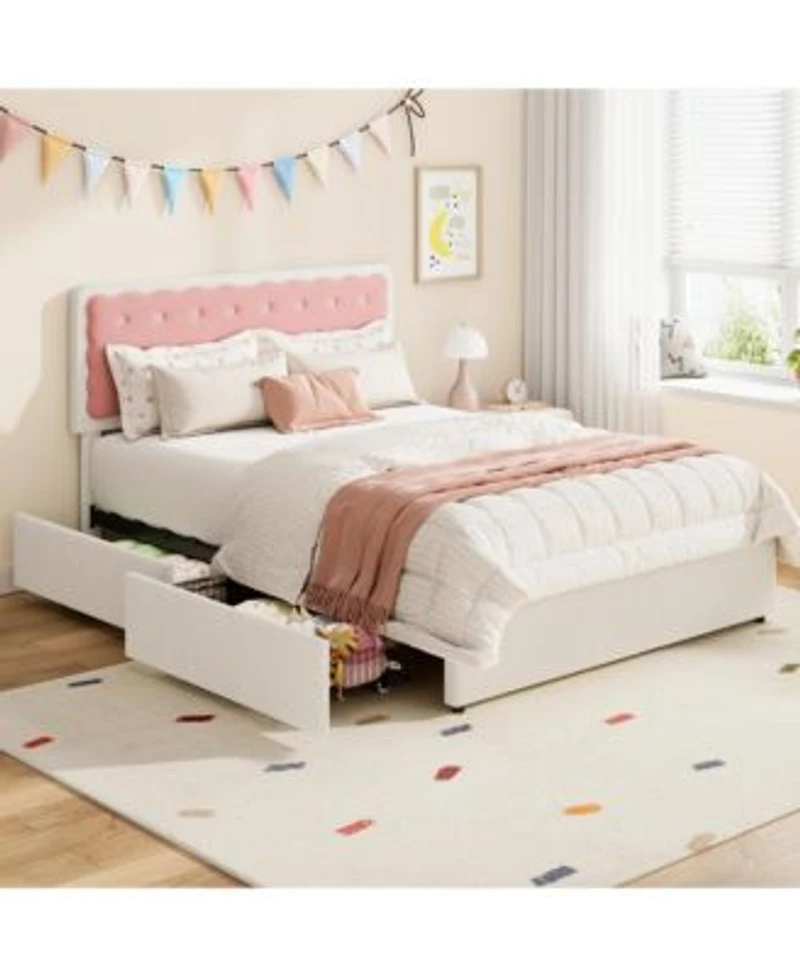 Velvet Upholstered Platform Bed With Biscuit Tufted Storage Headboard Drawer Sturdy Wood Slats No Box Spring Needed Easy Assembly