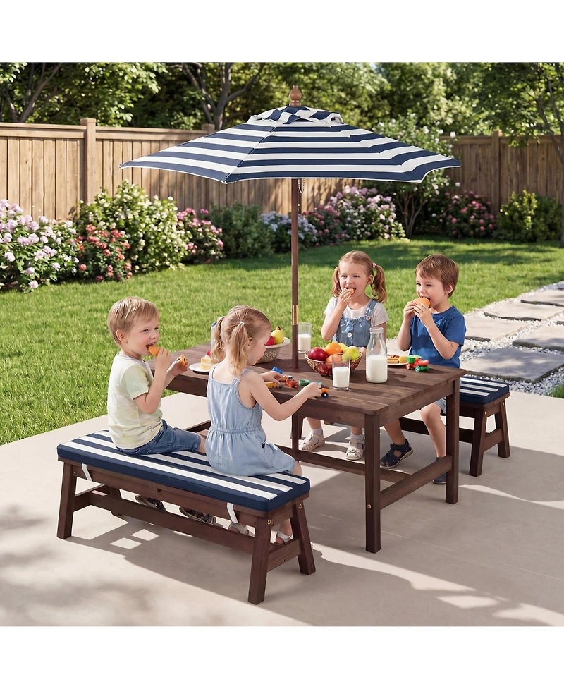 Gymax Kids Picnic Table Outdoor Wooden Table and Bench Set with Removable Umbrella
