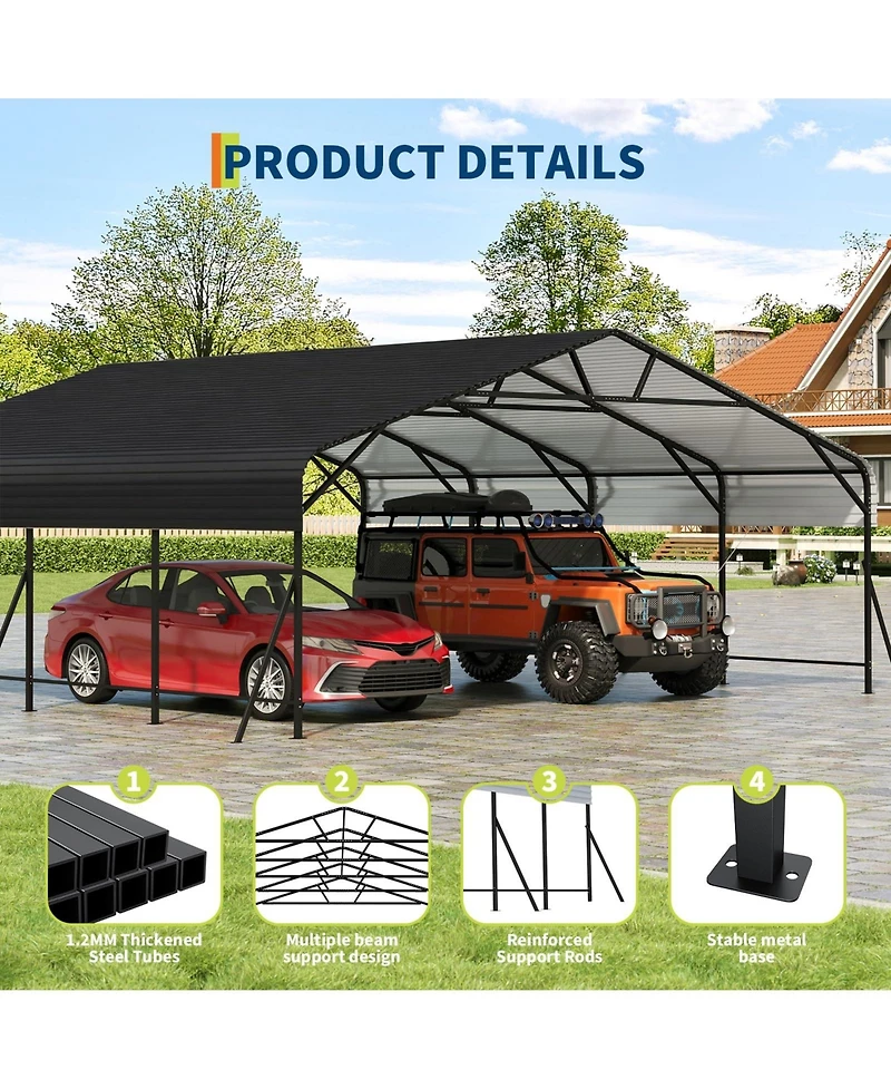 Homfan 20 x 20 x 9 Feet Carbon Steel Metal Carport Garage for Cars Trucks, Heavy Duty Outdoor Vehicle Shelter with Roof