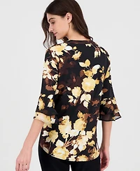 Kasper Petite Floral-Print Split-Neck 3/4 Flutter-Sleeve Tunic