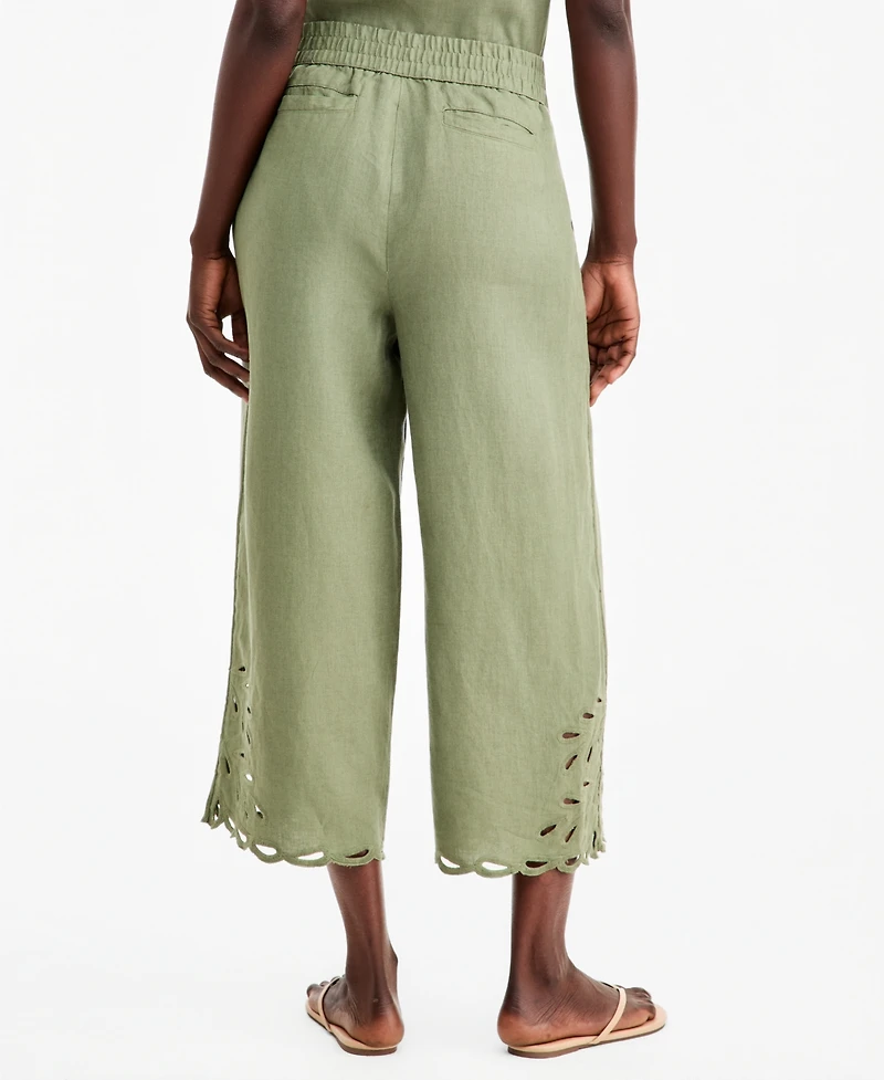 Charter Club Women's Linen Eyelet-Hem Cropped Wide-Leg Pants, Macy's Exclusive