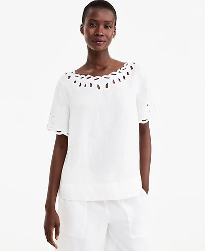 Charter Club Women's Boat Neck Short Sleeve Scalloped-Edge Linen Blouse, Macy's Exclusive